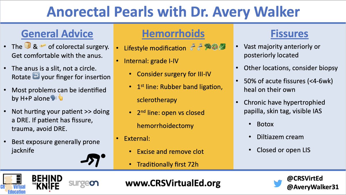 CRSVirtualEd's tweet photo. Check out the @CRSVEVisAbstract for Part 1 of Dr. Walker's Anorectal Pearls
🦪 Anus is a slit, not a circle
🦪 Consistent messaging re: peri-op expectations is 🔑
🦪 Prone Jackknife!
@Averywalker21 @RASACS @ASCRS_1 @HFrcs @BehindTheKnife @surgeonapp1 @YouESCP @escp_tweets https://t.co/3cMc1xJXEq