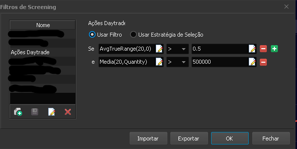 Filtro preliminar de ações para day trade no Profit.
Explicação bem simplificada: queremos encontrar papéis que se movimentem mais de 50 centavos em média [podemos usar o ATR (Average True Range) como indicador de volatilidade] e que tenham em média mais de 500000 ações negociadas por dia.