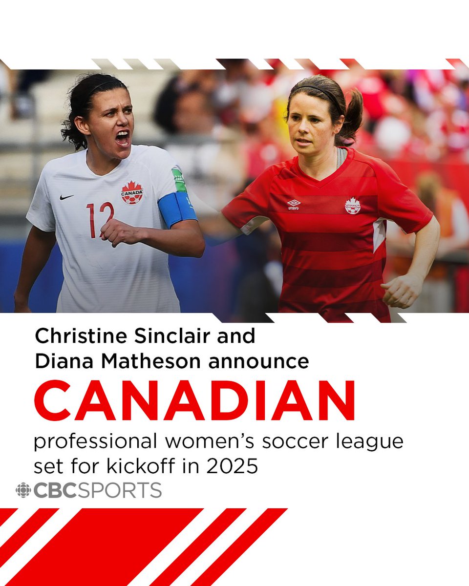 Professional women's soccer is coming to Canada! 🙌🇨🇦

Christine Sinclair and former national teammate Diana Matheson announced on Monday plans to kick off a domestic professional women's league in 2025, featuring eight teams throughout Canada ⚽️

MORE: cbc.ca/1.6664762