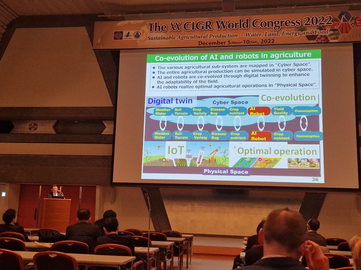 CIGR1930's tweet photo. Prof Dr. Noboru Noguchi gives an interesting keynote on the future of robotics in Japan. The future looks bright. Questions on connectivity, data security and ownership need to be addressed before realisatie is possible. #CIGR2022 https://t.co/wtGPO4g4o1