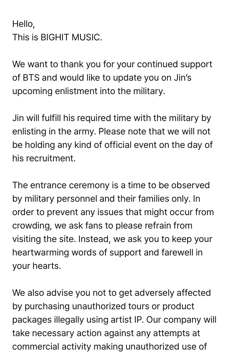 vminiecats's tweet photo. — Traduccion del reciente comunicado en Weverse sobre el servicio militar de #JIN. 

Jin cumplirá con su tiempo requerido con el ejército al alistarse en el ejército. Tenga en cuenta que no realizaremos ningún tipo de evento oficial el día de su reclutamiento. + https://t.co/KaEXMfD6ul