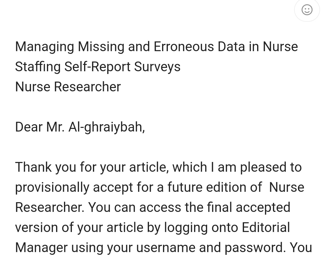 Dr. Tamer Al-ghraiybah, RN,CPHRM, PhD (@tgharaiybah) on Twitter photo A new paper has been accepted. Great input in this paper from the research team
<a href="/jennysim_1/">Professor Jenny Sim (also on BlueSky)</a>
<a href="/Prof_Ritin/">Prof. Ritin Fernandez</a>
and
<a href="/LagoLuise/">Luise Lago</a>
<a href="/NRJournalRCN/">Nurse Researcher</a> A new paper has been accepted. Great input in this paper from the research team
<a href="/jennysim_1/">Professor Jenny Sim (also on BlueSky)</a>
<a href="/Prof_Ritin/">Prof. Ritin Fernandez</a>
and
<a href="/LagoLuise/">Luise Lago</a>
<a href="/NRJournalRCN/">Nurse Researcher</a>