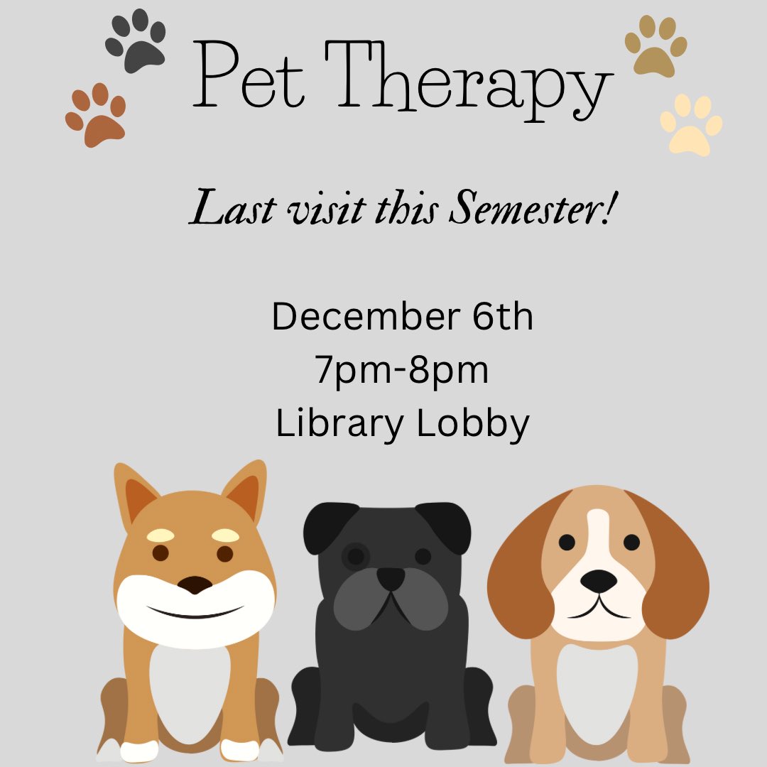 MUlibrary's tweet image. Don’t miss the last pet therapy visit of the semester! Stop by December 6th,   7-8pm in the library lobby 🐶