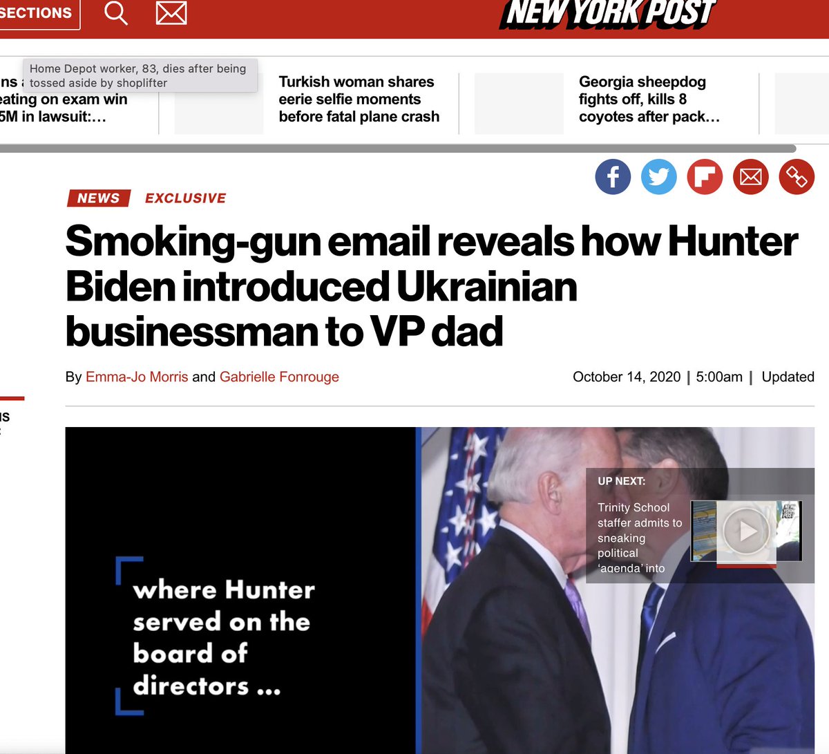 ggreenwald's tweet photo. Those trying to reduce the NY Post stories to "pictures of Hunter Biden's genitals" or about his "drug use" are brazen liars. 

The censored stories were about *Joe Biden's* sketchy business activities in Ukraine and China. Here were the headlines of the 2 censored articles:👇 https://t.co/qFK1M15U5p