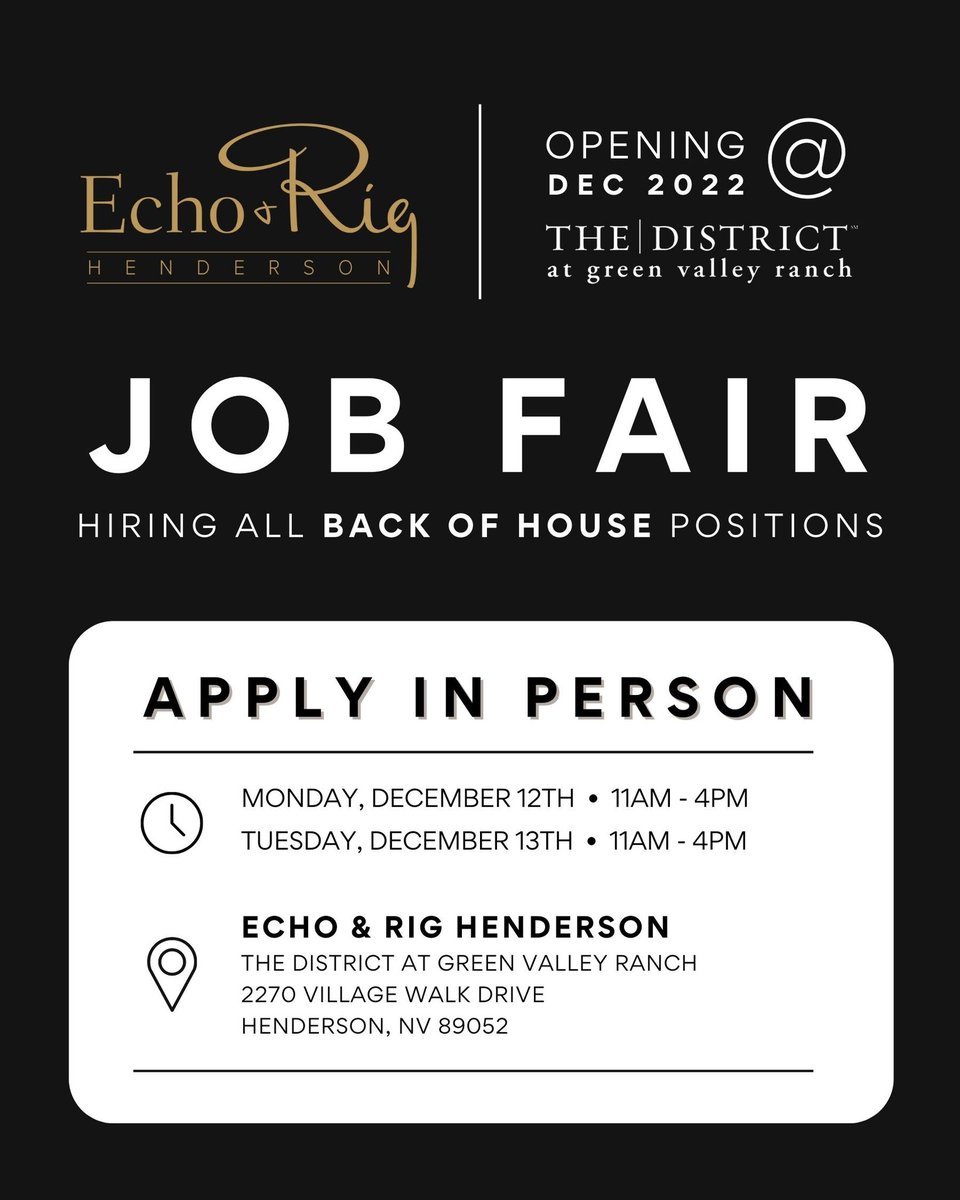 echoandrig's tweet photo. Join us next week for our Back of House Hiring Event at the new Henderson location! https://t.co/8Ws4e1Rwza