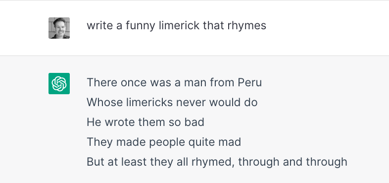 StephenThere's tweet photo. meh, rates on the bad-dad-limerick scale, at least. #ChatGPT #Limerick https://t.co/QUYCyDUcnx