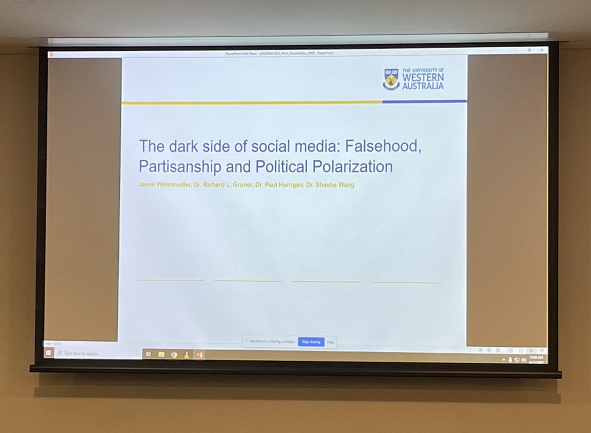 Did you know that misinformation is 

✅ shared more often than accurate info 
✅ elicits more negative emotions 
✅ is stronger for those at the ideological extreme

Congrats to <a href="/JasonWeism/">Jason Weismueller</a> + team for Best Paper in the Digital Marketing and Social Media track 🙌🏻 #anzmac2022