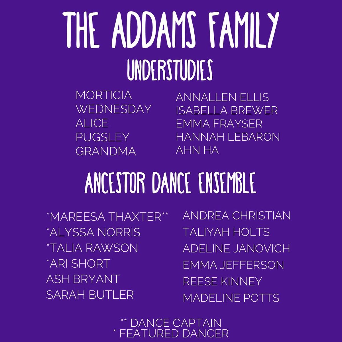 Thank you to everyone who auditioned! Congratulations to our cast! We can not wait to start rehearsals in January!