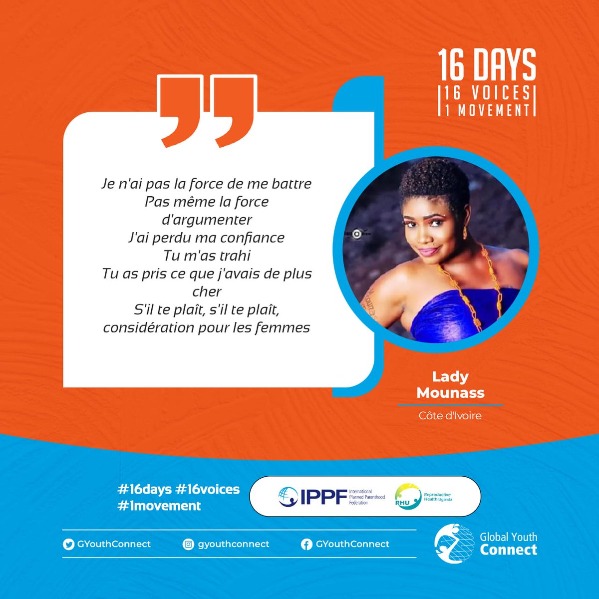 GYouthConnect's tweet photo. I don't have the strength to fight
Not even the strength to argue
I lost my confidence
You betrayed me
You took what I held most dear
Please consideration for women

Poetic words by Lady Mounass urging us to take a stand against SGBV

#16days | #16voices | #1movement 
#GYConnect https://t.co/g08hdW7QnM