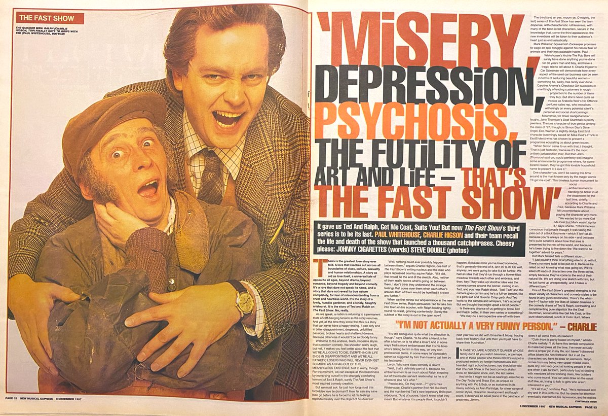 Britpopmemories's tweet photo. 25 years ago this week the cover stars and big feature in the NME weren't a band, it was Ted and Ralph AKA Paul Whitehouse and Charlie Higson.

Easy to forget just how massive The Fast Show was in the 90's. https://t.co/M2z0iwz49P