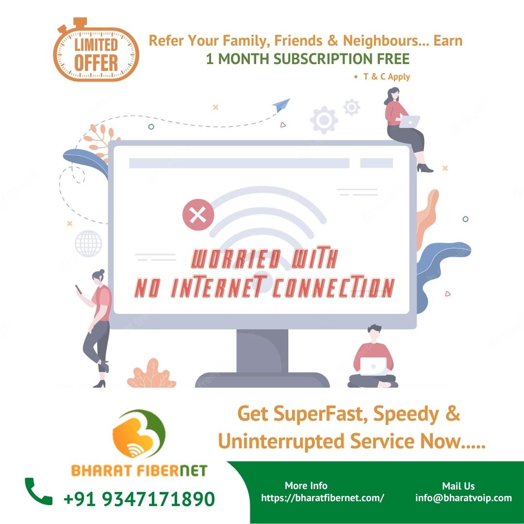 Get #UninterruptedInternet With
#BharatFiberNet
Now #Experience The #BestFibernet & The
#FastestFiberNetServices In #Hyderabad in each
home.....
#Bharat_FiberNet is 🚨🔈Introducing
👬#ReferAndEarn #ReferFamily #ReferFriends
#ReferNeighbour & Avail #FreeInternetSubscription