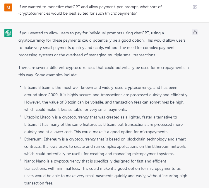milan_dereede's tweet photo. How to monetize ChatGPT as suggested by ChatGPT itself - offer a free trial, then a payment-per-prompt.

In neither prompt do I refer to Nano anywhere, yet it suggests it all the same.

@OpenAI @sama we'll gladly write up an implementation to trial this, hit me up! https://t.co/HyGqWQvOPE