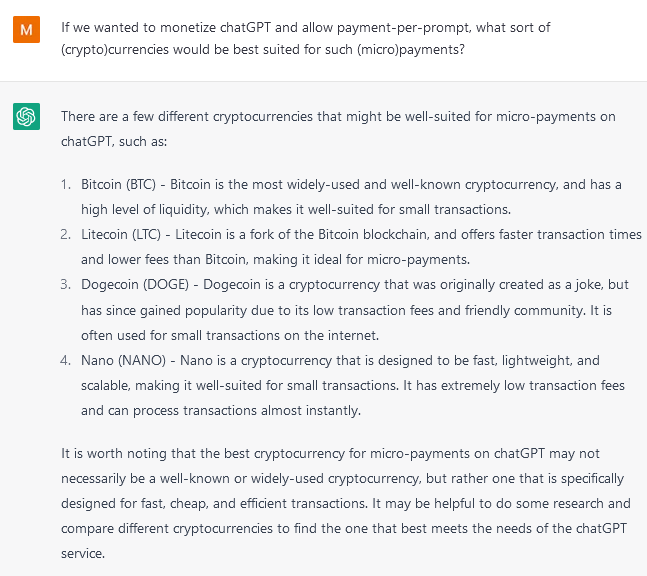 milan_dereede's tweet photo. How to monetize ChatGPT as suggested by ChatGPT itself - offer a free trial, then a payment-per-prompt.

In neither prompt do I refer to Nano anywhere, yet it suggests it all the same.

@OpenAI @sama we'll gladly write up an implementation to trial this, hit me up! https://t.co/HyGqWQvOPE
