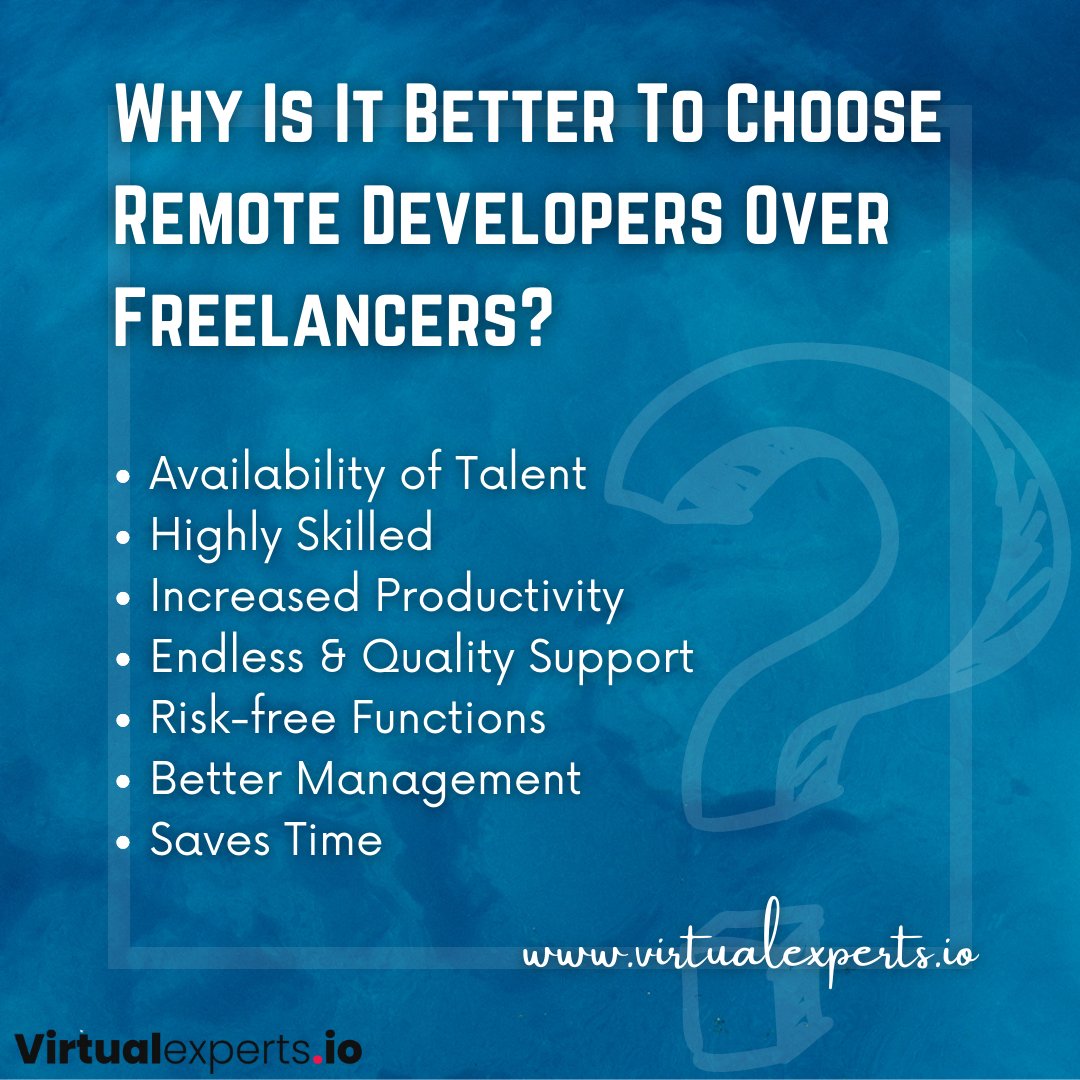 VirtualExperts3's tweet image. Why is it better to choose remote developers over freelancers? To know in brief visit our website today at: bit.ly/3HvpX7d
#virtualexperts #dedicatedbackenddevelopersindia #hireandroidexperts #hireandroidexpert #hireremoteiosandroiddevelopers #hireqaexperts #hire