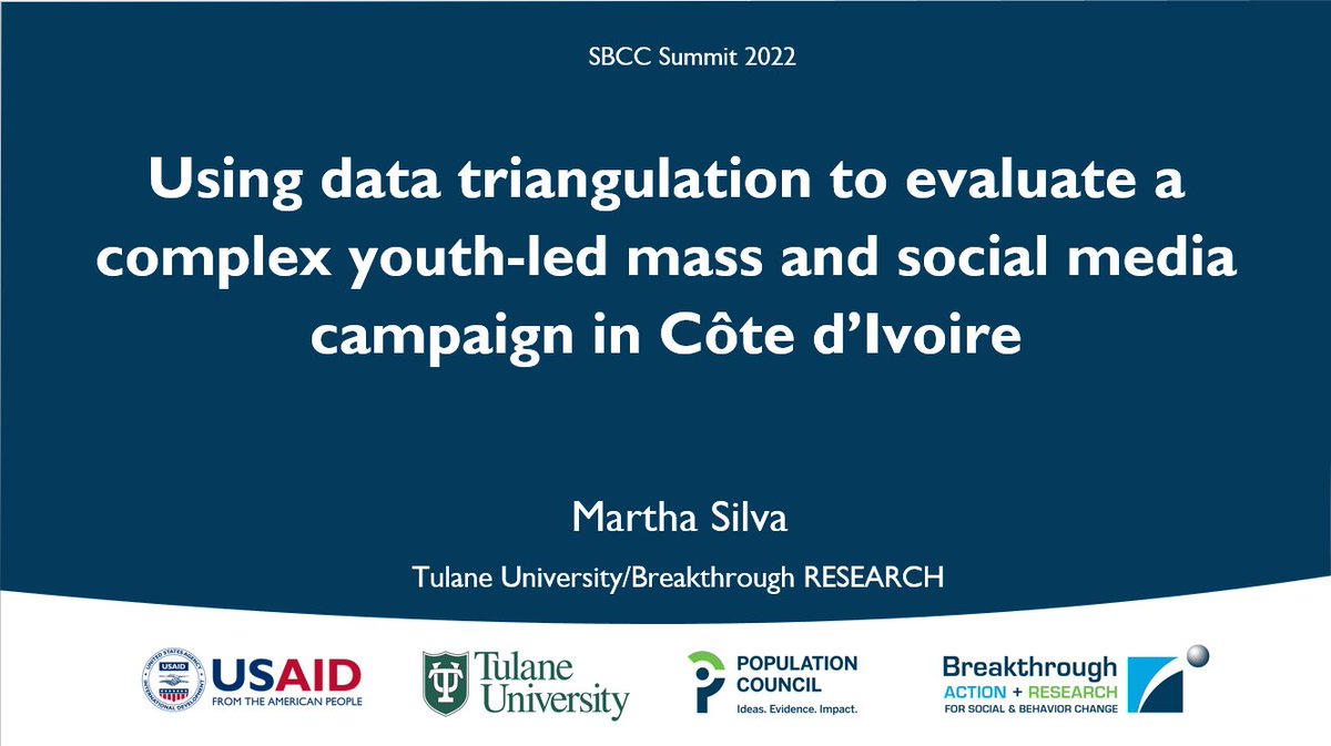 Breakthrough RESEARCH’s Martha Silva is back at the #SBCCSummit to talk about using data triangulation to evaluate a complex youth-led mass and #socialmedia campaign in #Côte d’Ivoire. #measurement #behaviorchange #SRHR
📆6 Dec
🕘9:15–10:30am
📍Fes 1
