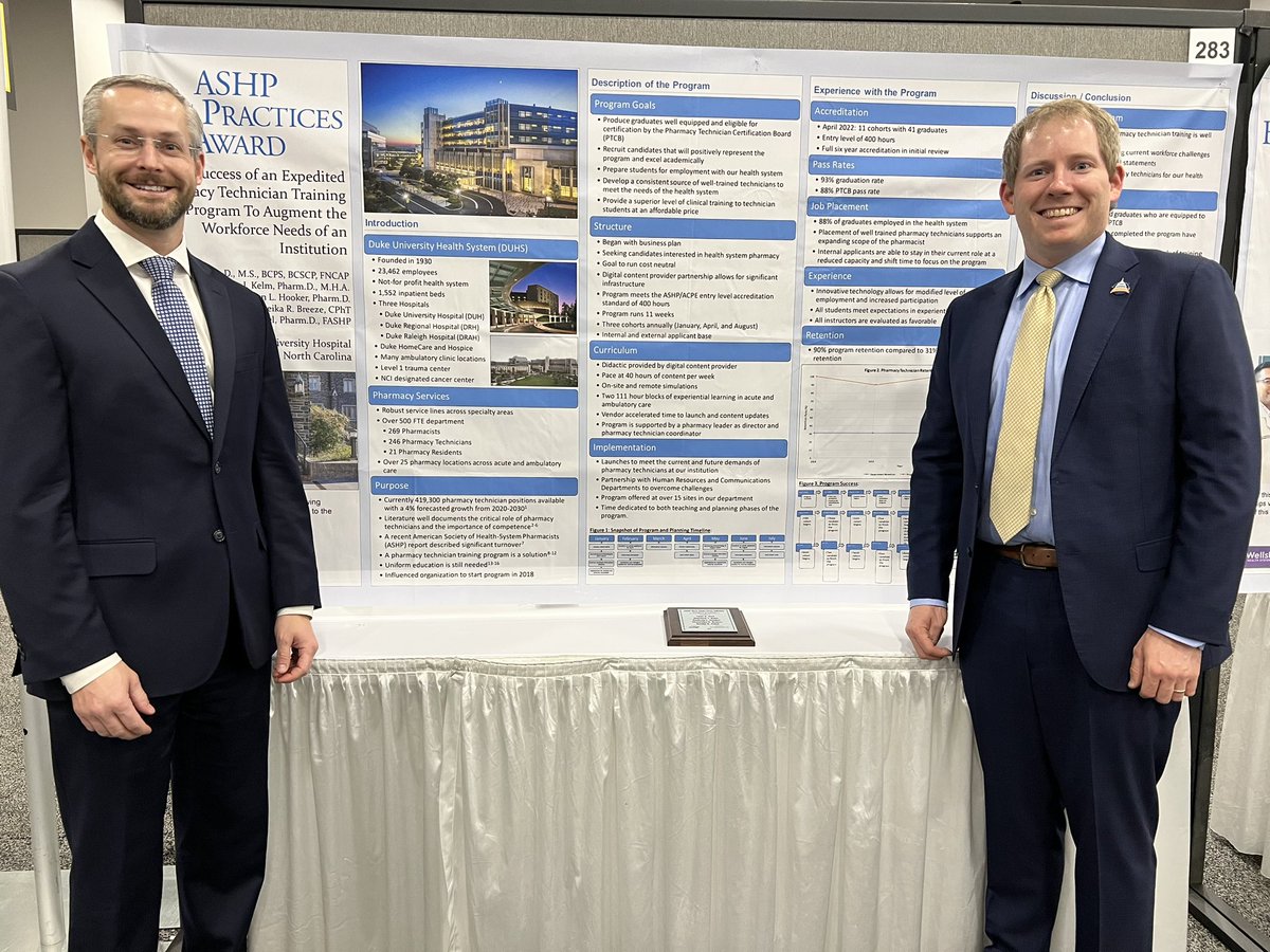 kuldip77's tweet photo. BIG W for Duke Pharmacy, Tyler Vest, Matthew Kelm, Madison Hooker, and Shanreika Breeze for their foresight and work on an expedited pharmacy technician training program! Winners of the ASHP Best Practices Award 2022.🥇👏👏👏 @ASHPOfficial #ASHP2022 https://t.co/nqY41sNIBV