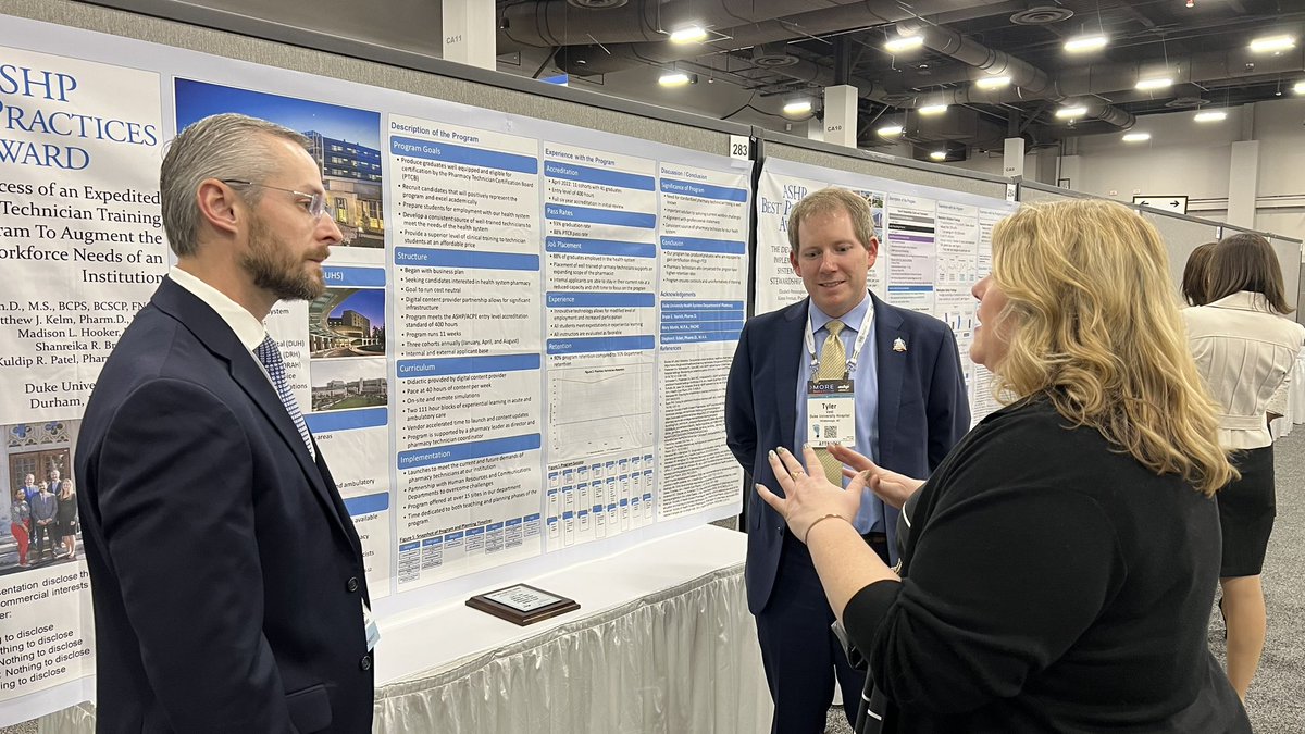 kuldip77's tweet photo. BIG W for Duke Pharmacy, Tyler Vest, Matthew Kelm, Madison Hooker, and Shanreika Breeze for their foresight and work on an expedited pharmacy technician training program! Winners of the ASHP Best Practices Award 2022.🥇👏👏👏 @ASHPOfficial #ASHP2022 https://t.co/nqY41sNIBV