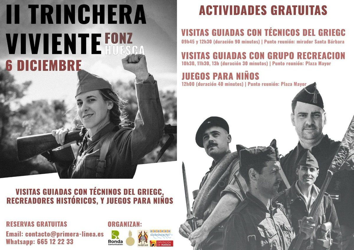 📢Tras la charla del historiador y militar Luis Alfonso Arcarazo sobre las líneas defensivas republicanas en la Guerra Civil, esta mañana:
📌Vamos a recorrer el emplazamiento artillero de #Fonz con el GRIEGC 
📌Y en la Pllaza Primera  Linea recreará varios aspectos del conflicto.
