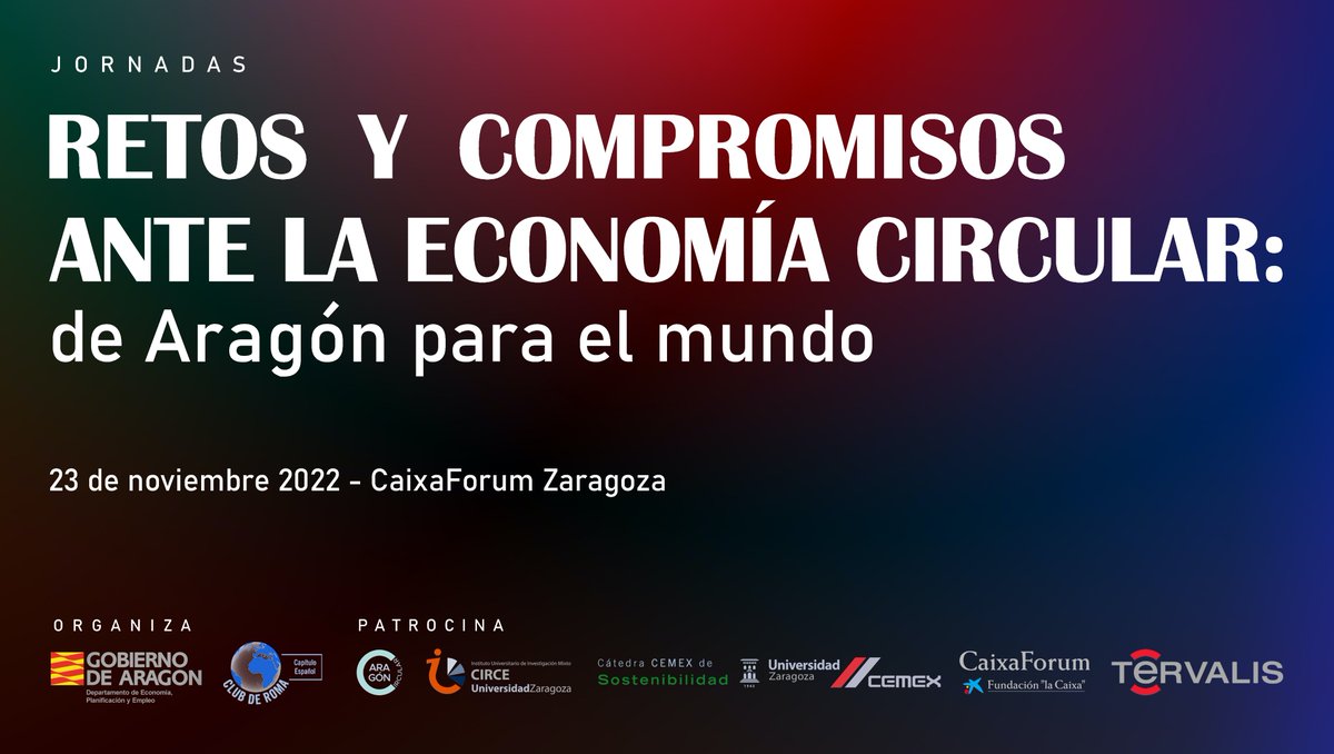 Adjuntamos el enlace al Canal de Youtube del 
@GobAragonpara visualizar la jornada "Retos y compromisos ante la Economía Circular: Aragón para el mundo", organizada por el Departamento de Economía, Planificación y Empleo y el Club de Roma. #AragonCircular

youtube.com/watch?v=WiWySZ…