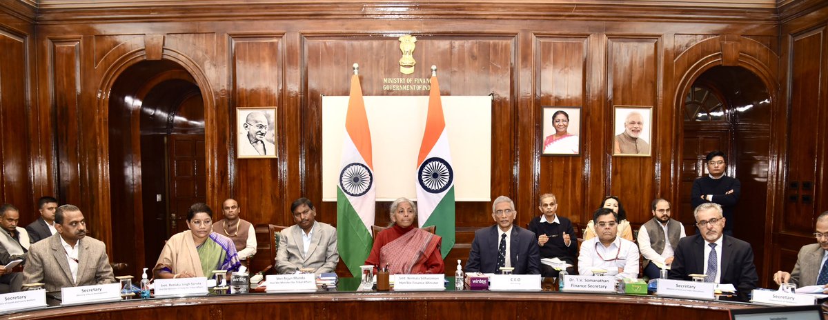 FinMinIndia's tweet photo. FM Smt. @nsitharaman chairs meeting to improve efficiency of Development Action Plan for Scheduled Tribes #DAPST & Scheduled Tribe Component #STC fund utilisation in presence of Tribal Affairs Minister Shri @MundaArjun & MoS Smt. @renukasinghbjp, in New Delhi, today. (1/3) https://t.co/Uxbs4eRC2h