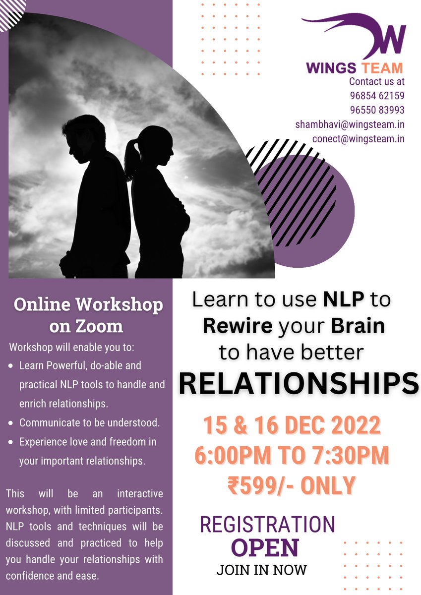 wingsteam2011's tweet photo. Learn to use NLP to Rewire your Brain to have better Relationships.
Online workshop on 15 &amp; 16 Dec 2022 from 6:00pm to 7:30pm on Zoom. 

Enrol now.
https://t.co/writPNJVOE

#workshop #online #rewireyourbrain #onlineworkshop  #nlp #betterrelationship #goodrelationship #brain https://t.co/IqU2Qd4r72