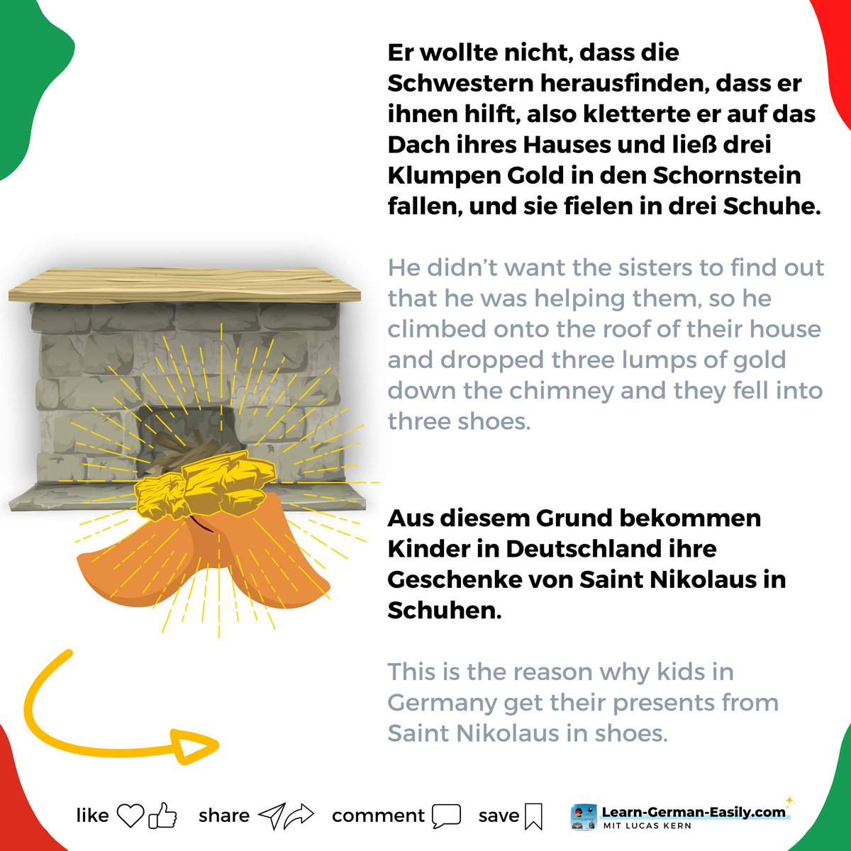 LearnXDGerman's tweet photo. 🇩🇪
🎁🎁🎁 Today is Nikolaustag! This is an important German holiday.
It's based on an interesting tale about three sisters and a kind bishop. Swipe the pictures to find out more! 😉
Find full German lessons:
https://t.co/fGv4WjfiGo
___
#Nikolaustag #germanblog #dailydeutsch https://t.co/CGvRVBM8KP