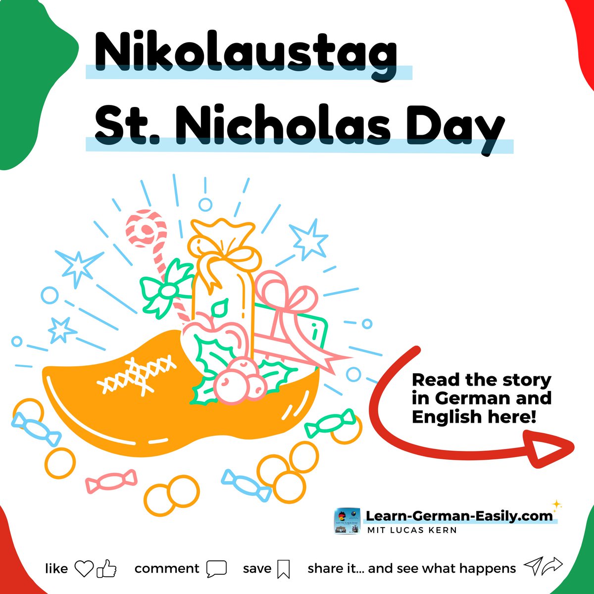 LearnXDGerman's tweet photo. 🇩🇪
🎁🎁🎁 Today is Nikolaustag! This is an important German holiday.
It's based on an interesting tale about three sisters and a kind bishop. Swipe the pictures to find out more! 😉
Find full German lessons:
https://t.co/fGv4WjfiGo
___
#Nikolaustag #germanblog #dailydeutsch https://t.co/CGvRVBM8KP