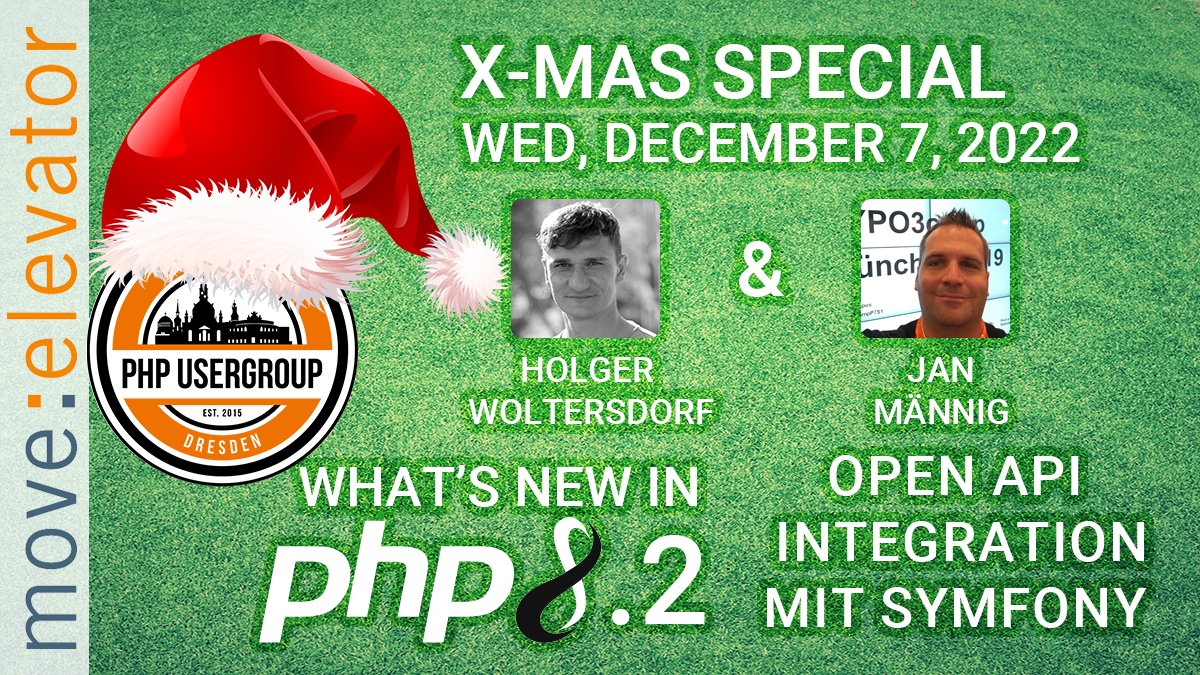 phpugdd's tweet photo. ⏰  You're curiuos what the new @official_php 8.2 release on Thursday will bring &amp; wanrt to get some insights on how to integrate #OpenAPI with a @symfony project? — Join our #phpugdd #xmas #meetup tomorrow evening. #RSVP 👉  https://t.co/I0vliv443H #PHP #Dresden See you there! https://t.co/daMHOUQtwR