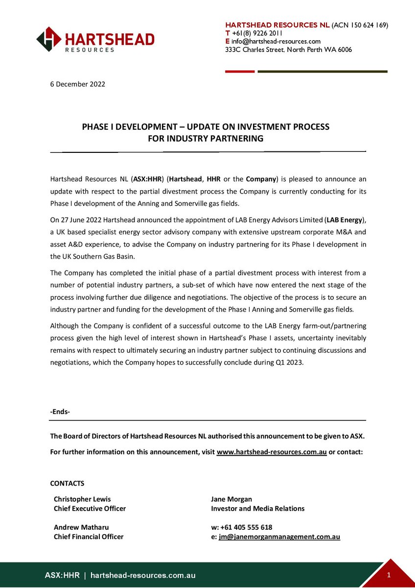 Hartshead_HHR's tweet photo. Hartshead has completed the initial phase of a partial divestment process with interest from a number of potential industry partners, to secure an industry partner and funding for development of the Phase I Anning and Somerville fields.

https://t.co/zvNto1ym2t

$HHR.ax https://t.co/X47c6GVCMO