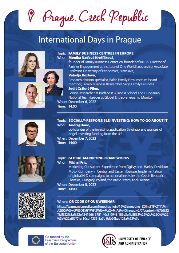LadislavaK's tweet photo. International Staff Week takes place at the University of Finance and Administration from 5 – 9 Dec, 2022. We are hosting academics from our partner universities and professionals from the practice. You are cordially invited to participate online. LINK: https://t.co/iEa6cu1xN4 https://t.co/PrwwJHA1jq
