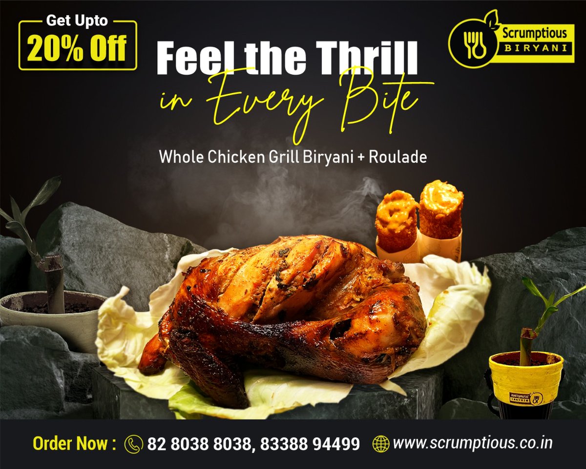 scrumptious_ind's tweet photo. Feel the thrill with a whole chicken grill..!!

Your adventurous combo is ready to be served...

Order Today or Visit our Smart Outlet at Infocity Square Patia

✆  8280388038 / 83388 94499 
🌐  https://t.co/TPlvRCa072

#ScrumptiousBiryani #chickengrillbiryani #roulade #food https://t.co/iCPI2z4Xj7