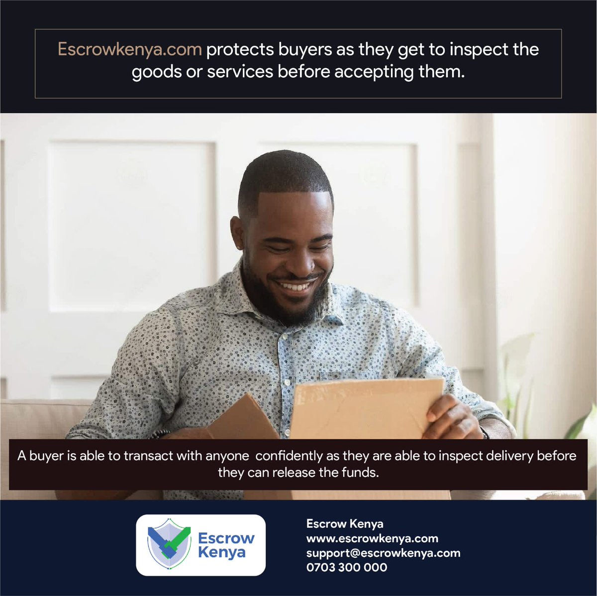 escrowkenya's tweet photo. https://t.co/CVF5iQr8ME protects buyers as they get to inspect the goods or services before accepting them. A buyer is able to transact with anyone  confidently as they are able to inspect delivery before they can release the funds. https://t.co/xu89puTCN5