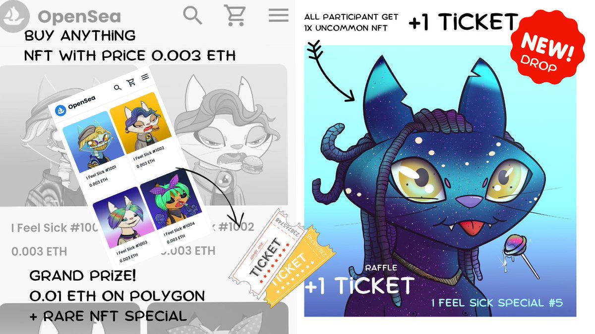 ifeelsick_nft's tweet image. Let&apos;s join for this event! and get a chance receive 0.01 $weth and 1x Rare Special NFT I Feel Sick!

Buy 1 NFT with a price 0.003 $weth to get 1 ticket raffle.

Link to purchase opensea.io/collection/ife…
And all participants get a reward bonus: 1x Uncommon Special NFT I Feel Sick⤵️