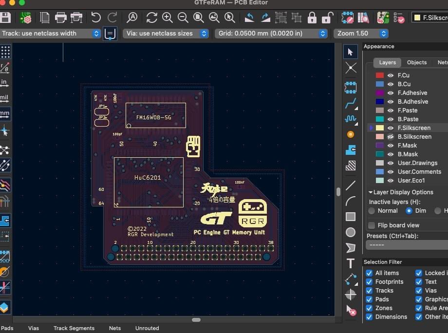 RgRDev's tweet photo. PC Engine GT Memory Unit. My 3rd KiCad project based on my old Eagle CAD work, and all circuits routing are different this time.
Will upload project files to my GitHub repo when I have the physical PCB test done.
#pcengine #pcegt #Retrogaming https://t.co/H1bYAN7KYB