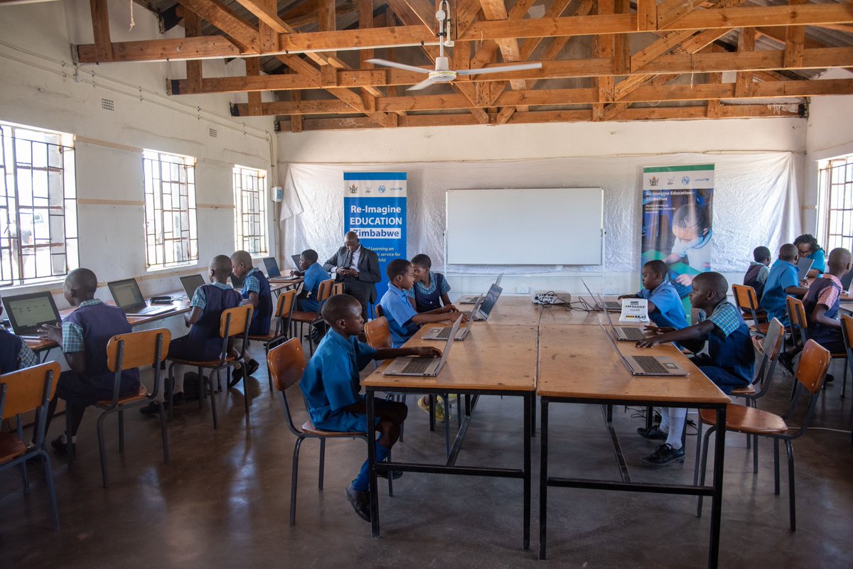 UNICEFZIMBABWE's tweet photo. 🇿🇼 is "leaving no child behind" by transforming education and providing access to digital learning in hard-to-reach areas like Dzvairo Sch in rural Makoni. @Min_ICTCT_ZW, Hon. Muswere, @MoPSEZim PS Thabela, @unicef, @ITU opened a new computer lab-the school is now connected! https://t.co/Y8BSPlqWPx