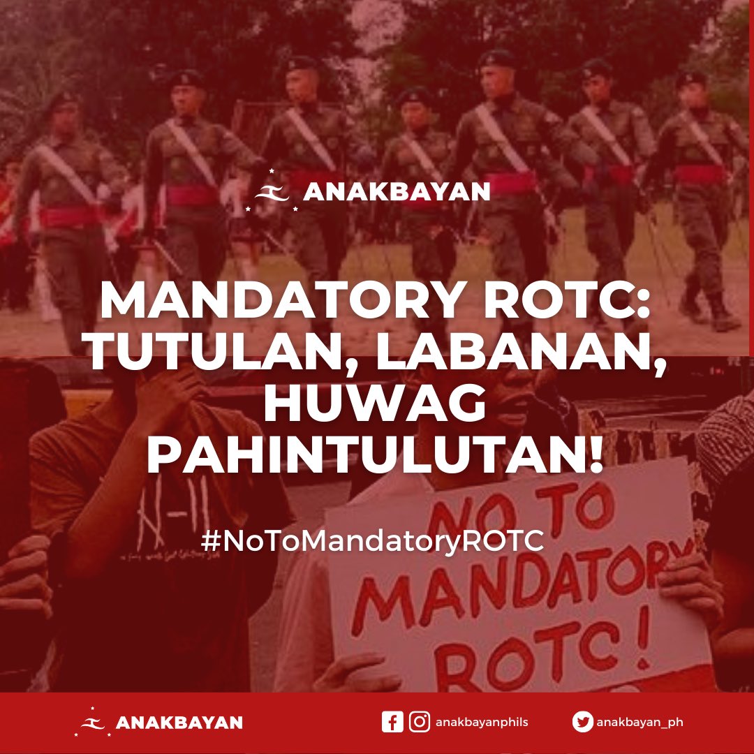 anakbayan_ph's tweet photo. TUTULAN ANG MANDATORY ROTC!

Hindi Mandatory ROTC ang kailangan ng kabataan. Ang P50 bilyong badyet na ilalaan para sa Mandatory ROTC ay mas mainam na magagamit sa paggarantiya ng ligtas na balik-eskwela.

Basahin ang pahayag dito:  https://t.co/U4yWuhpO4C

#NoToMandatoryROTC https://t.co/FlEGVficzS