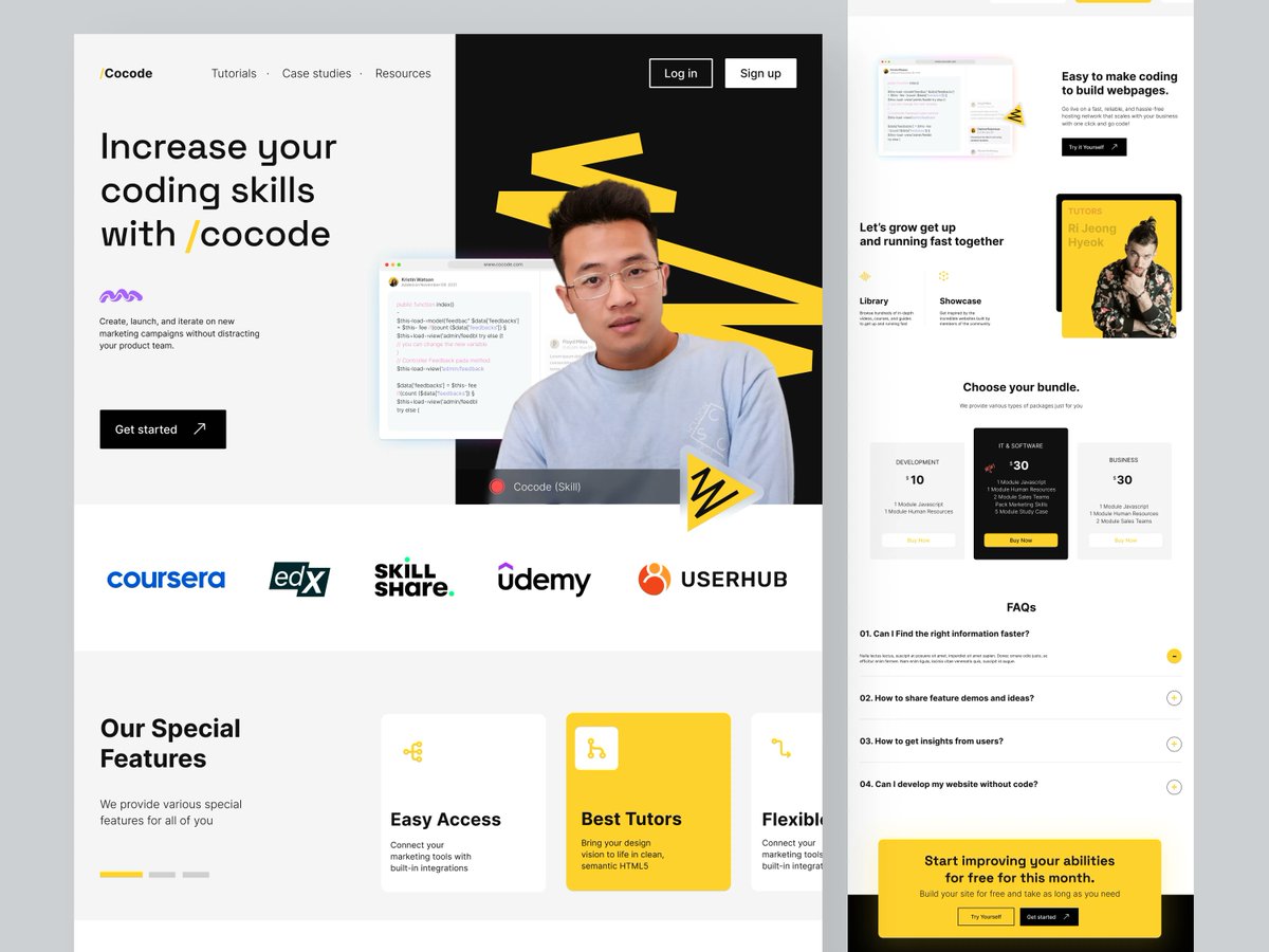 RashadujjamanR's tweet photo. Hello everyone! 👋
This is the result of my exploration design website about a Coding Learning Landing Page called Cocode.
Have an amazing project? Let’s chat! - samrabby4@gmail.com 
#UIUX #UI #UX #websiteUI #minimalui #app #userinterface #code #coding #codingwebsite #codelearn https://t.co/CwkkDTZQho