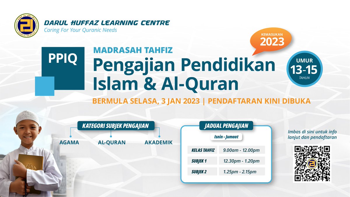 PPIQ di Darul Huffaz merupakan sebuah program Madrasah Tahfiz sepenuh masa (Isnin - Jumaat). Untuk remaja 13-15 tahun. Berpeluang untuk menduduki peperiksaan GCE-O pada tahun akhir. Pendaftaran untuk 2023 dibuka. Info lanjut: darulhuffaz.sg/programs/madra…