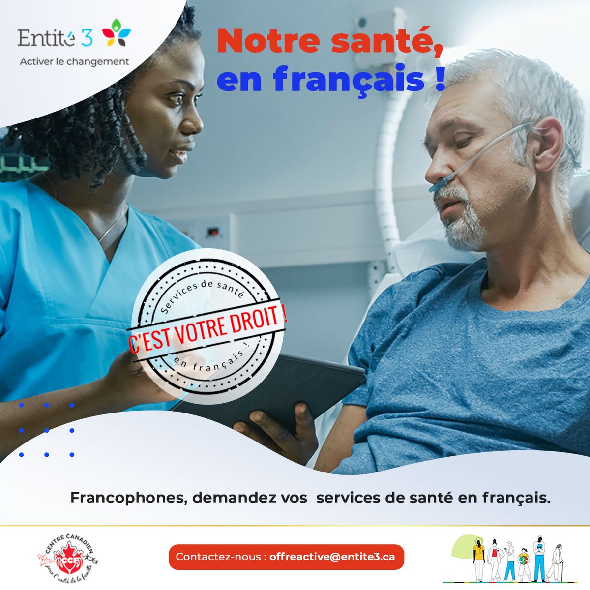 Entite3sante's tweet photo. Notre santé en français!
Francophone, demandez votre service de santé en français.
Plus d'informations, visitez notre site web https://t.co/49oes9fPcB
#ontariofrancais #grandtoronto @camhfoundation  @MonAssemblee @coopontario #ontariofrancais https://t.co/XBmsUONGMm