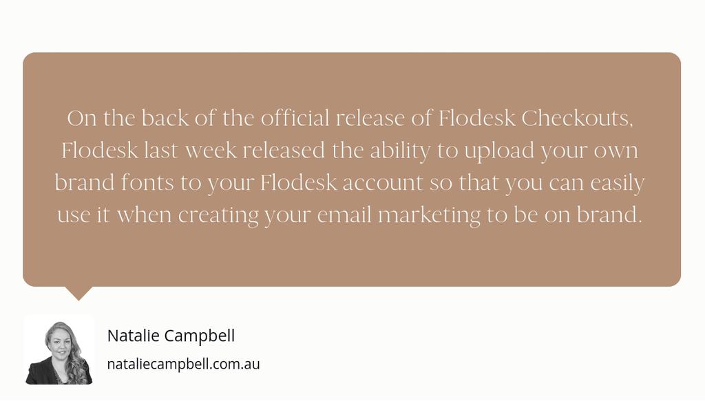 thenatcampbell's tweet photo. Flodesk just keeps rolling out the features, with custom fonts being their latest addition. More developers need to get on board!
Read how easy it is to use ▸ https://t.co/JPSSEW0FiO
#businesstools #Branding #Brand #Flodesk #emailmarketing #CustomFonts #brandfonts https://t.co/9viiIPURli