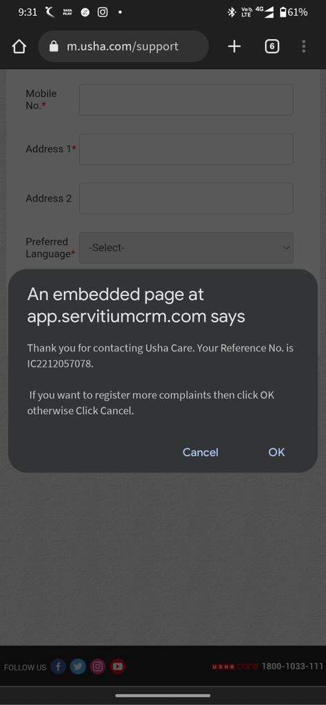 SPATTNAIK7's tweet photo. @UshaIntl  i have raised a complaint but till now not received any response from your team . Pl take it on priority basis and try to resolve asap.. https://t.co/dx8UUyBdL3