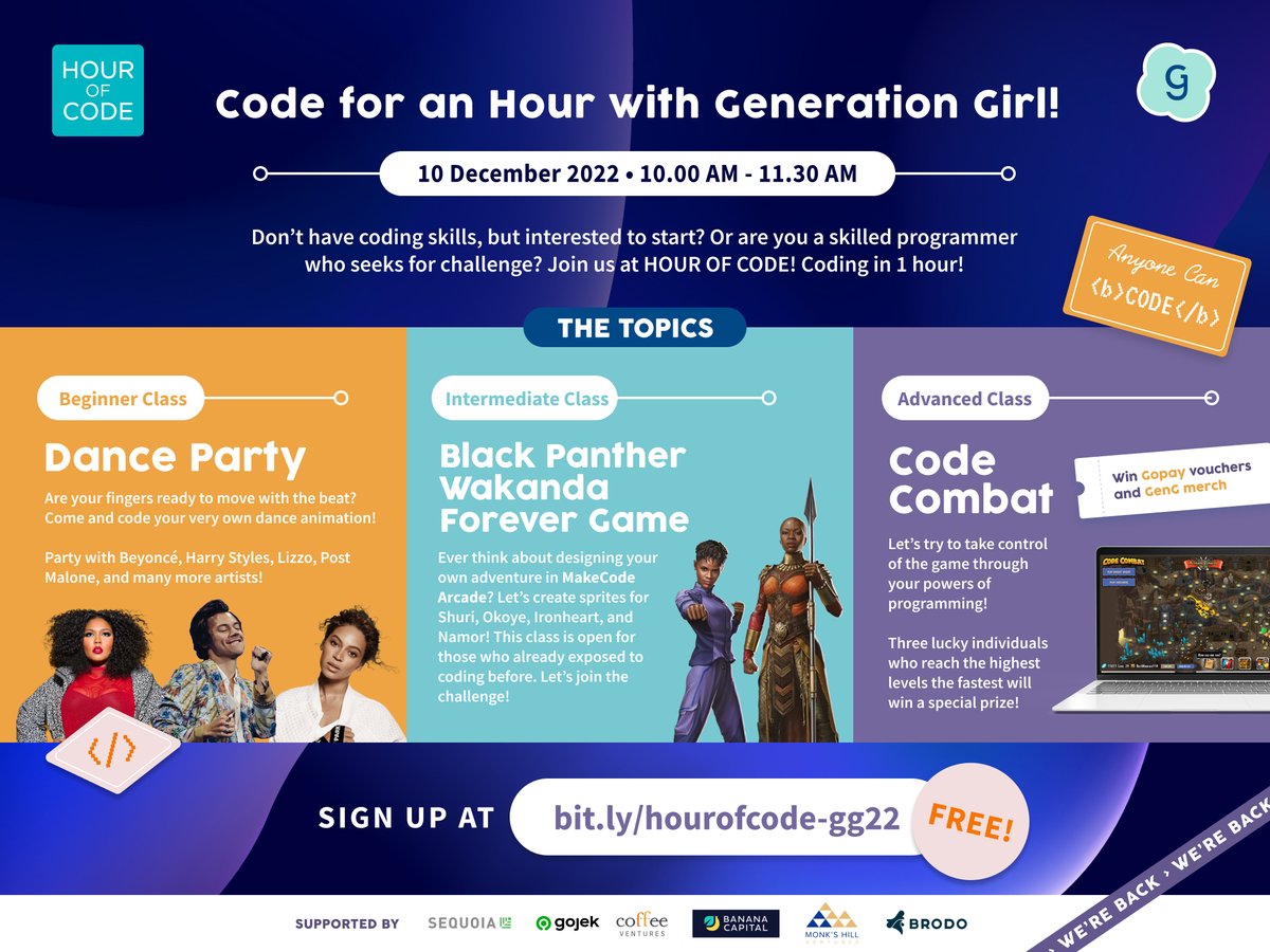 A few days left to Hour of Code! Have you sign up yet?👩🏻‍💻👨🏻‍💻

Its totally free and everyone can join Hour of Code! Don't be afraid to join if you never do programming, you will be guided by our mentors👩🏻‍💻

You can register now to bit.ly/hourofcode-gg22 👈🏻 See you peeps!
