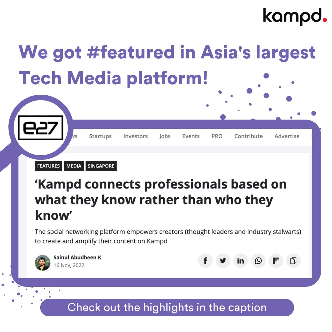 Kampdofficial's tweet photo. In today's news, Kampd got #Featured in @e27co π
Empowering communities and creators through a unified platform like Kampd is just the beginning! Thank you, e27 for amplifying us π
#featured #Kampd #e27 #technology #tech #business #community #communityplatform #networking https://t.co/AsJSUA30Fw