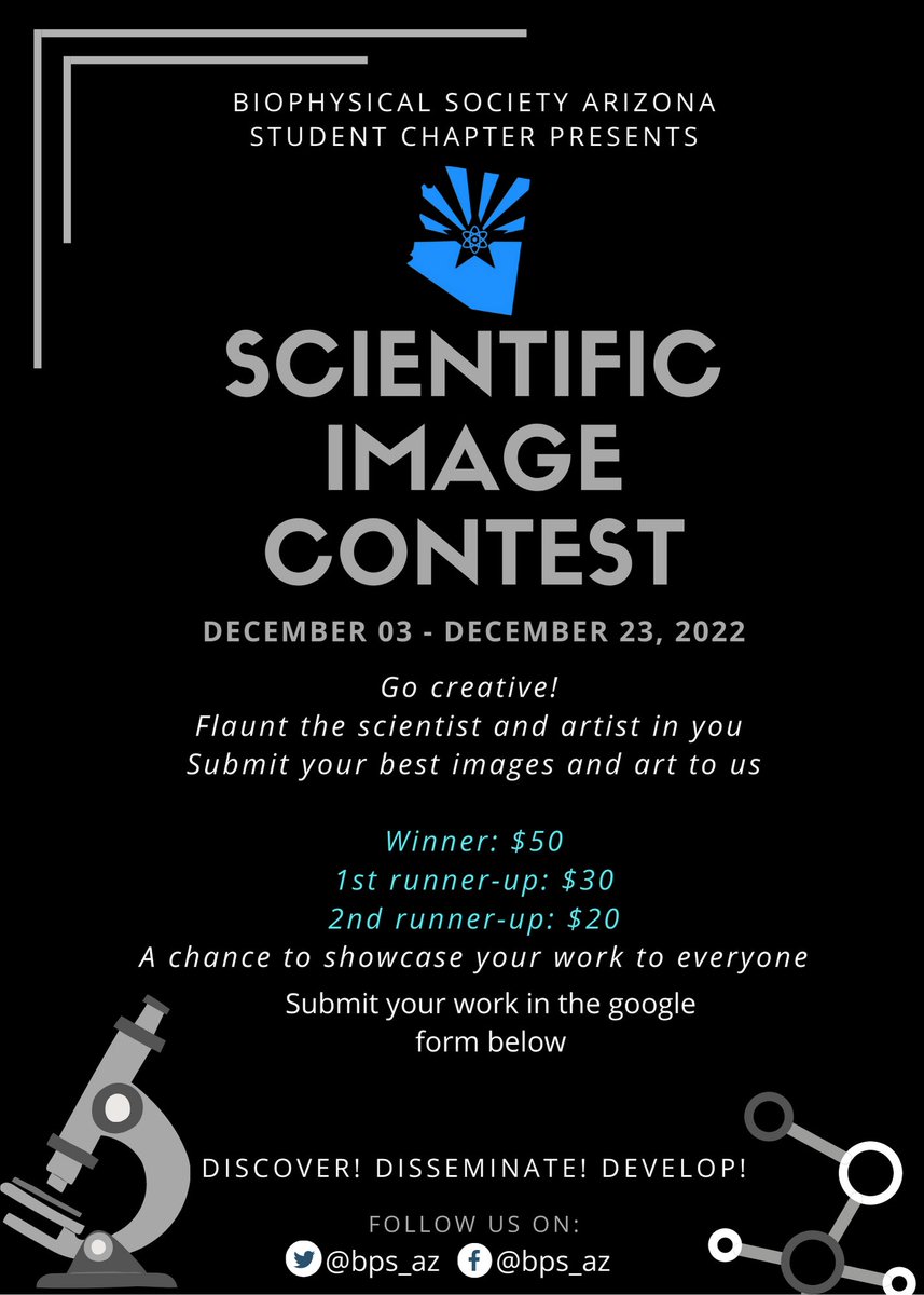 As everybody is geared up for an excellent end of the year! 

BPS_Az is pleased to announce Scientific Image Contest, a competition to flaunt your creative self!

1st prize: $50🤑
2nd:$30
3rd: $20 gift cards

+ artworks featured in our calendar🗓️

Send at: forms.gle/wM7pUTuwFG6pSv…