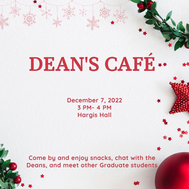 AU_GSC's tweet photo. 📌 DEAN’S CAFE | 12.7.22, 3-4PM | HARGIS 
HALL

Join the Graduate School for Dean’s Café in Hargis 
Hall from 3-4 pm on December 7. 

💬 Come by and enjoy snacks, Chat with the Graduate
School Deans, + make new connections! https://t.co/k0NY8hEd4b