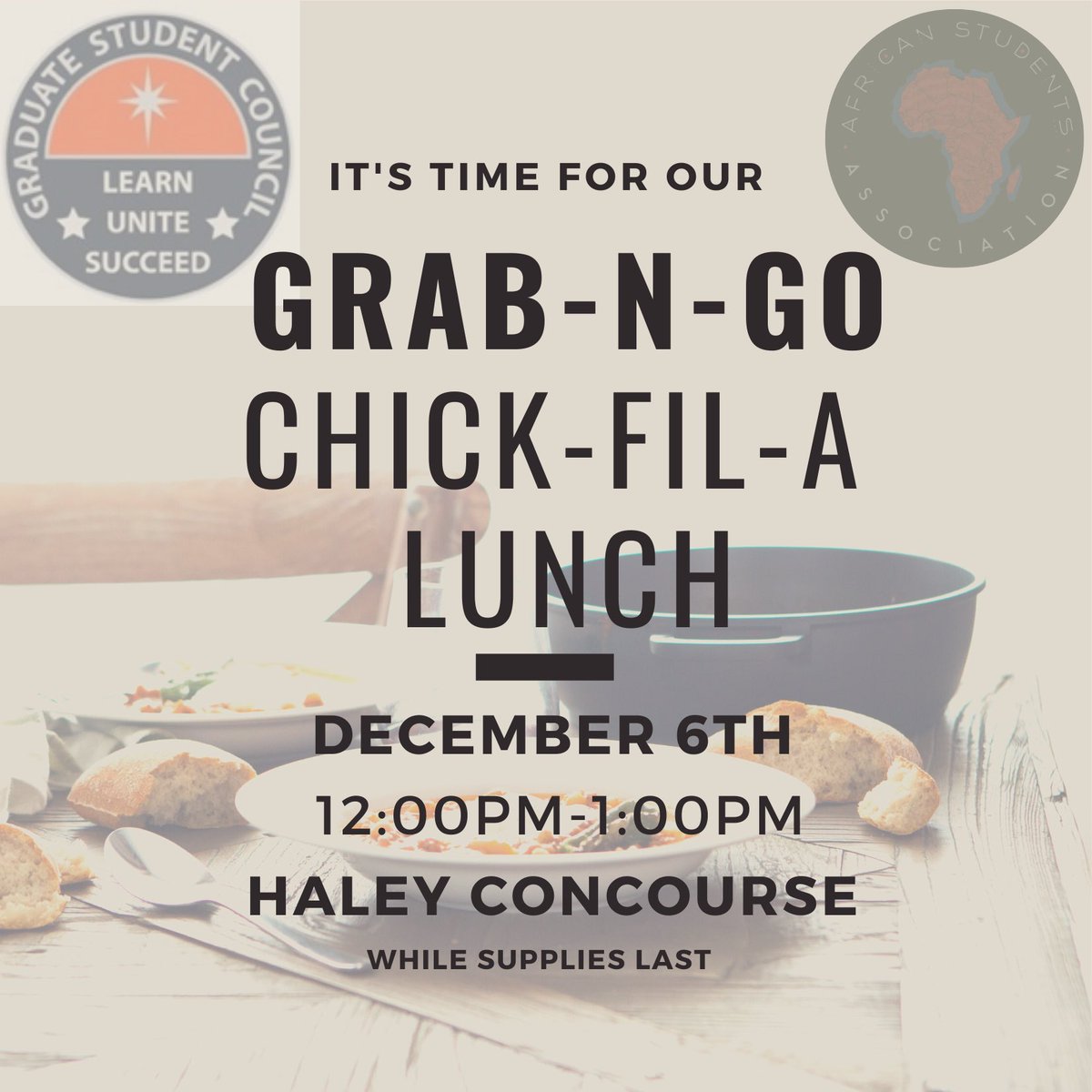 AU_GSC's tweet photo. Grab Chick-Fil-A OTW

Haley Concourse
December 6th 
12pm-1pm 

While Supplies Last https://t.co/i0jY32mjGK