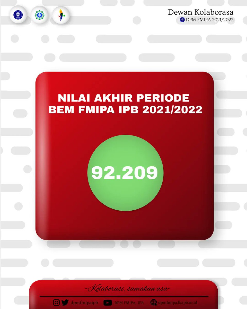 dpmfmipaipb's tweet photo. [ PENILAIAN AKHIR BEM FMIPA IPB 2021/2022 ]

Tak terasa sudah satu periode BEM FMIPA IPB melayani KM FMIPA IPB dan kita sampai pada ujung kepengurusan Kabinet Romansa BEM FMIPA IPB.
Yuk disimak penilaian akhir dari tiap proker dari Departemen di BEM FMIPA 👍 https://t.co/R9qrh9T3mg