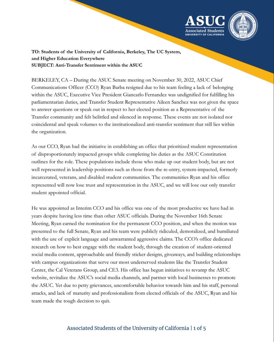 amarquezDC's tweet image. Hi friends!

As many of you know, I am a Transfer Student at UC Berkeley. Recently, some elected officials of our Student Government  (ASUC) decided to spew anti-transfer sentiments. Please read, like, and share our statement if you can! Thanks, and as always, #TransferStrong