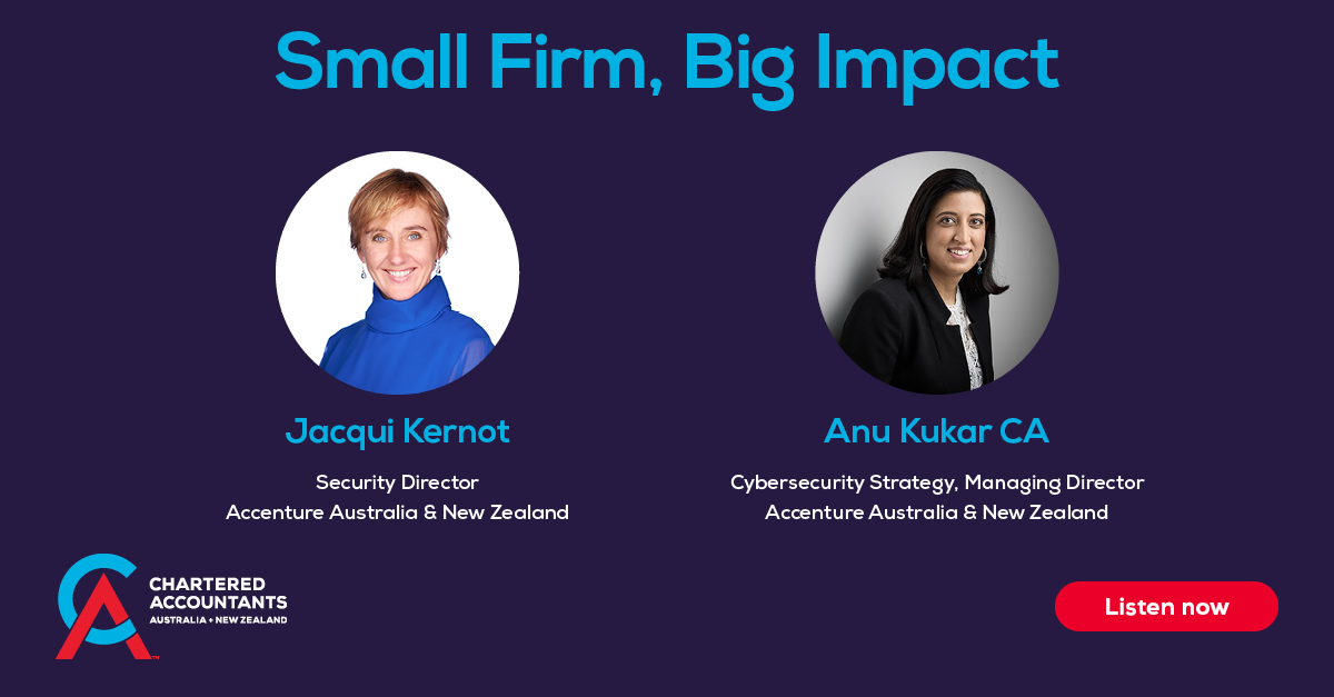 Don’t lay awake at night wondering if there’s a cyber-criminal in your digital systems. Listen to the latest episode of Small Firm, Big Impact – it’s all about cybersecurity for SMPs with experts <a href="/Accenture_ANZ/">Accenture AU & NZ</a>.

Available on <a href="/Apple/">Apple</a> &amp; <a href="/spotifypodcasts/">Spotify Podcasts 🎙</a>. charteredaccountantsanz.com/news-and-analy…