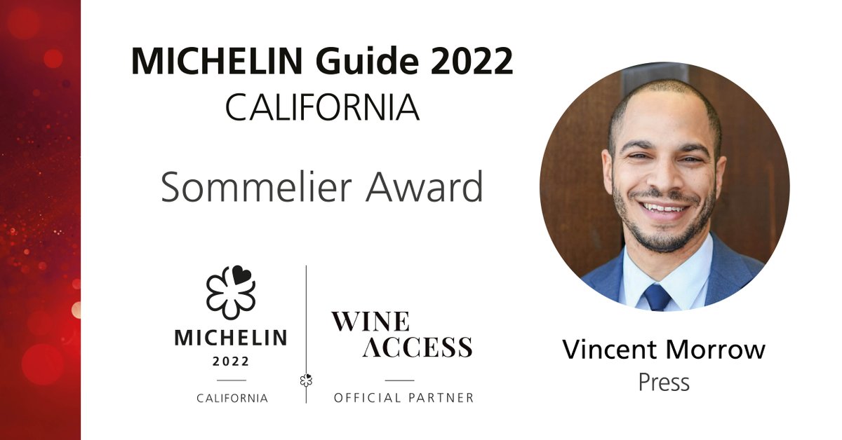Congrats to Vincent Morrow, wine director at One Star @pressnapavalley and the 2022 MICHELIN Guide California Somm Award winner!  Thanks to our partner @wineaccess #MICHELINGuideCA #MICHELINStar22 #wineaccess 
social.michel.in/6016eJjtO